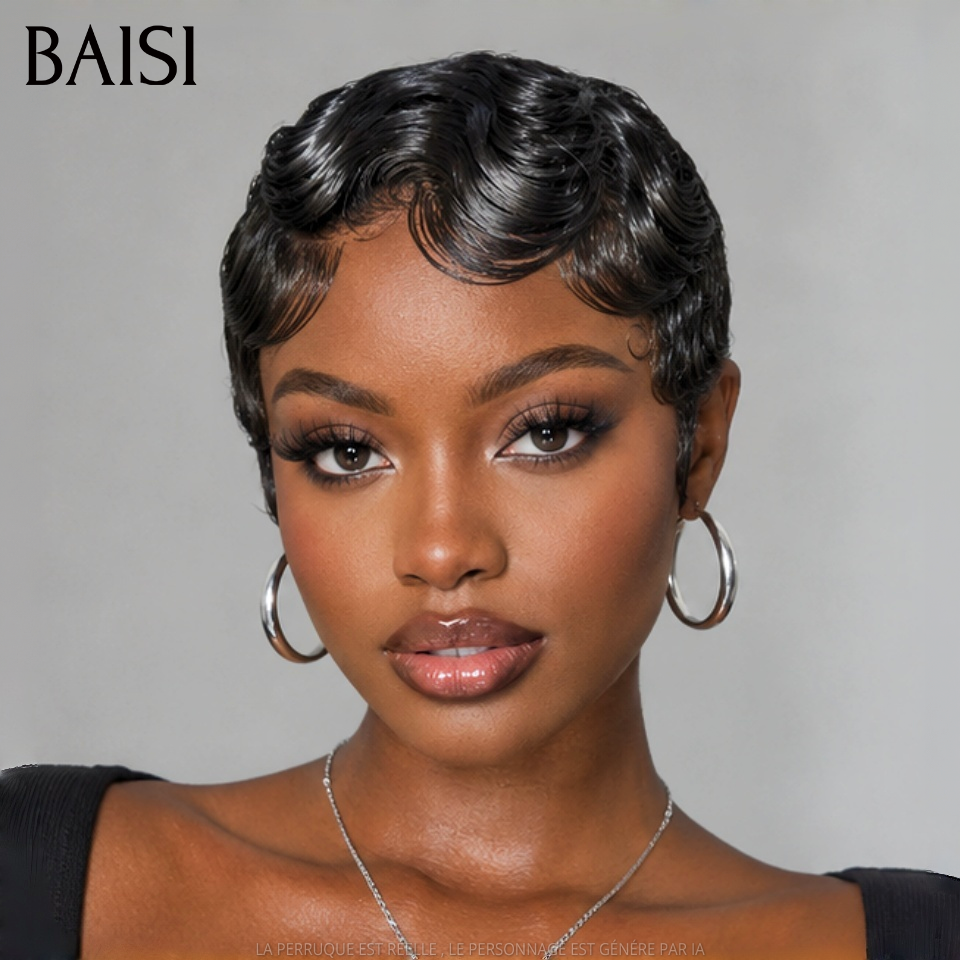 BAISI Perruque sans Colle sans lace pixie water wave NOIR 100% Cheveux Humains FR38