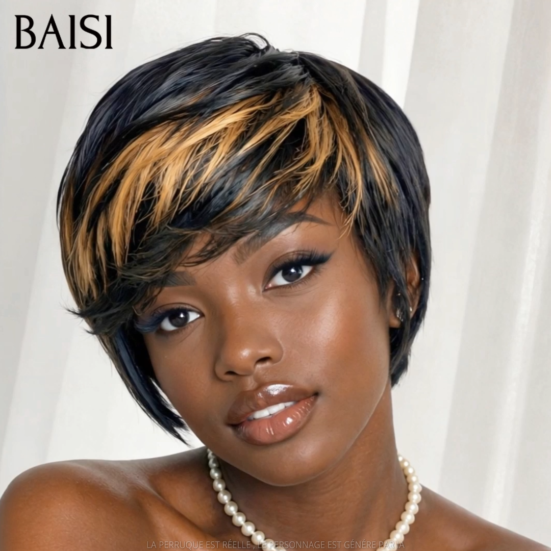 BAISI Perruque Pixie Lisse Noir Marron Clair 1B/33# 59€ Sans Colle Sans Lace Facile A Porter 100% Cheveux humains