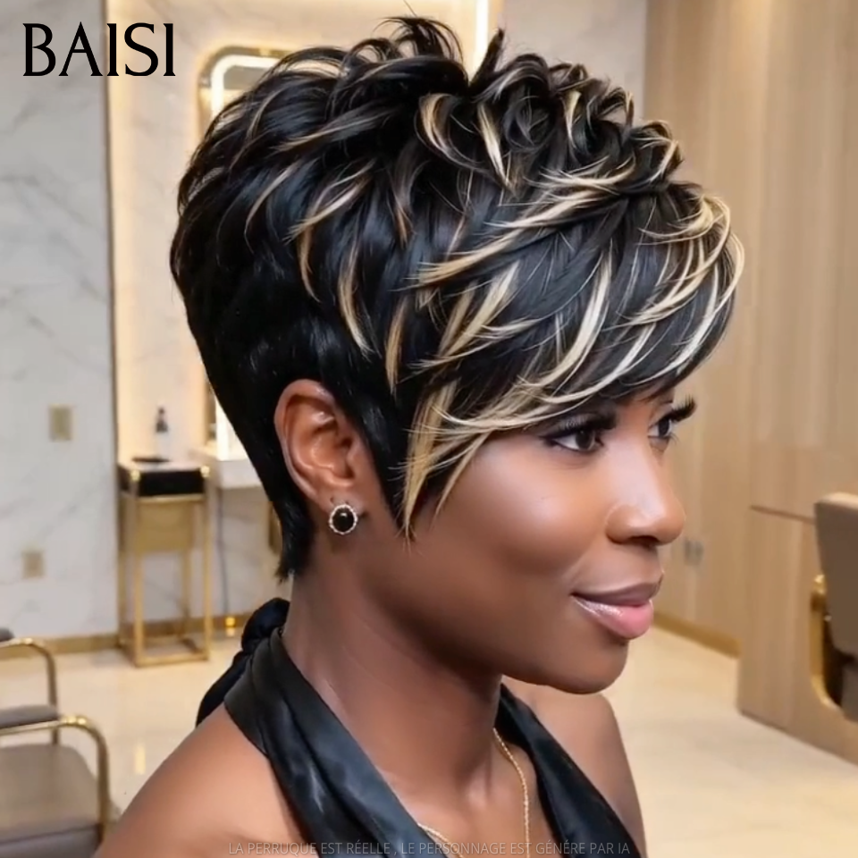 BAISI Perruque Pixie Lisse Couleur Noir Miel 1B/27# 49€ Sans Colle Sans Lace Coupe Effilée Dégradée en 100% Cheveux humains