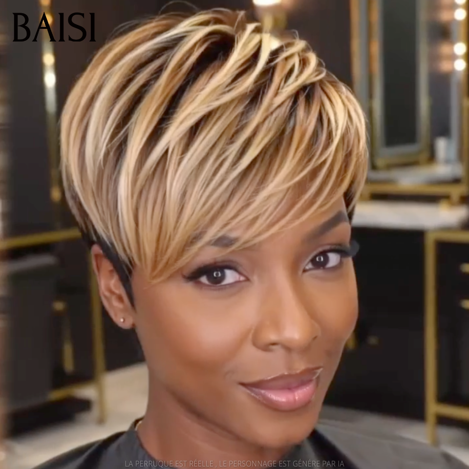 BAISI 13x4 Lace Perruque Pixie Lisse Couleur Noir Miel 1B/27# 89€ Beauté A Prix Mini en 100% Cheveux humains