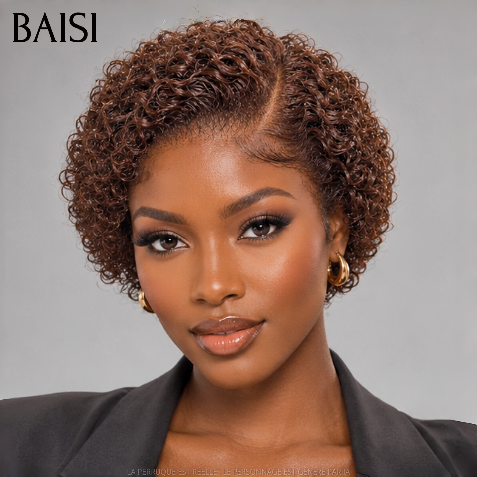 BAISI  13X4 Lace Perruque Pixie Curly Courte 69€ Couleur Marron 4#  Très Bonne Qualité en 100% Cheveux Humains 