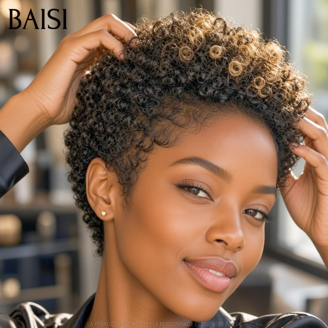 BAISI Lot de 2 Perruques Pixie Curly Noir et Miel Noir  79€ Sans Colle Sans Lace Simple et Confortable  en 100% Cheveux humains