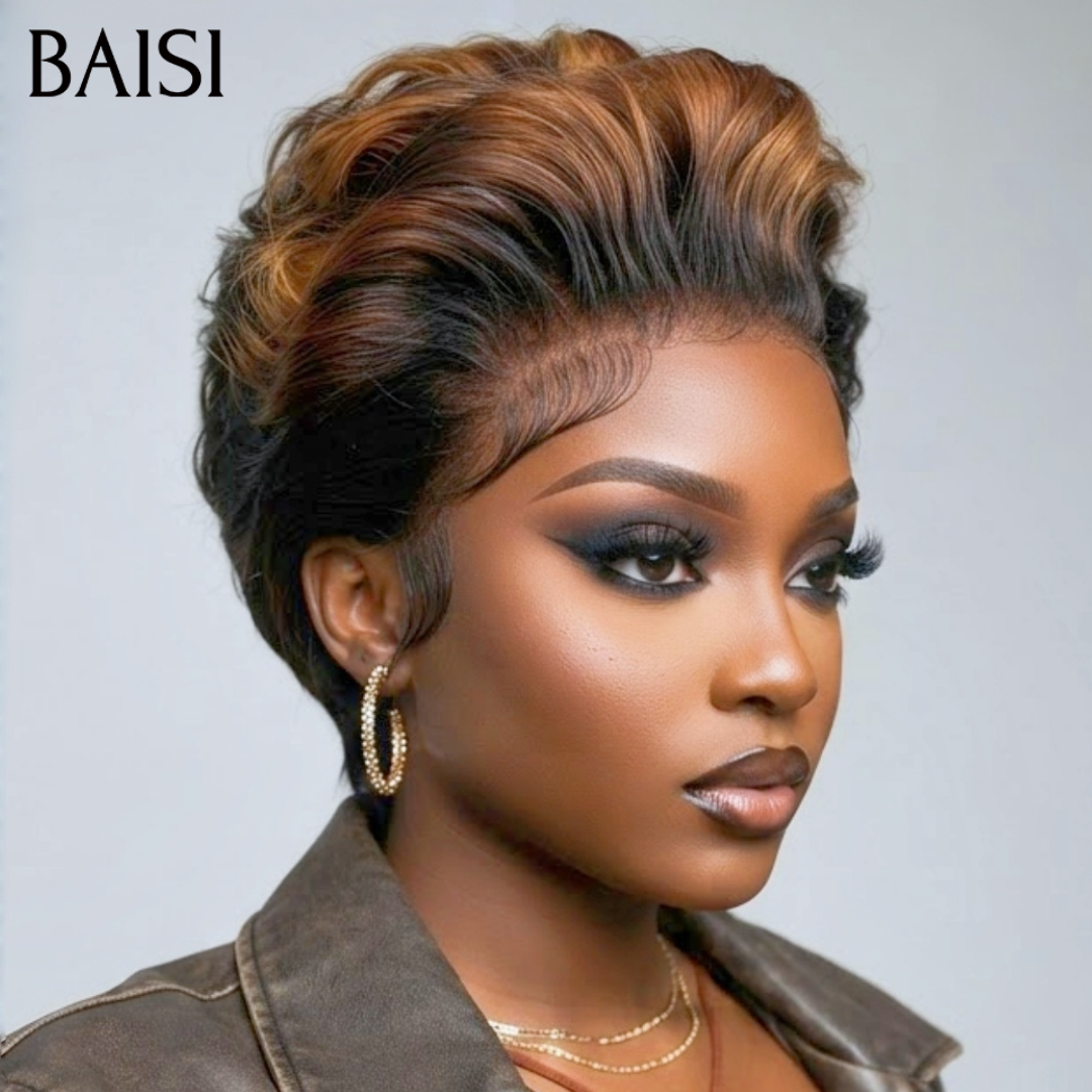 BAISI 13x4 Lace Perruque Pixie Lisse Couleur Noir et Marron Clair 1B/30 La Classe Totale Pour Femme Affairée en 100% Cheveux humains