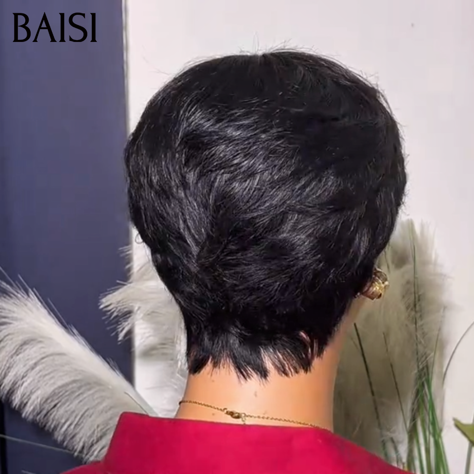BAISI Pixie Perruque Courte Sans Colle Sans Lace Noir 39€ Ou 13x4 Lace Frontale #996 6 Pouces #4/#350 Orange Mix Marron 68€ en 100% Cheveux Humains