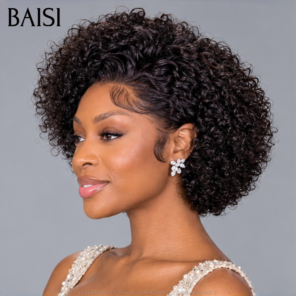 BAISI 13x4 Lace Perruque Pixie Curly 69€ Seulement Couleur Noir 1B# Avec Raie de Côté Qualité Enviante en 100% Cheveux humains