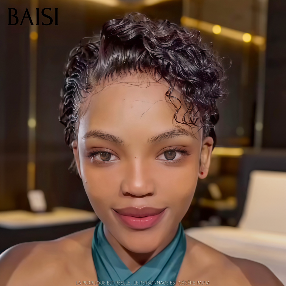 BAISI Full Lace Perruque Pixie Curly Déjà Coiffée Couleur Marron 4# 169€ La Classe Pour les Soirées en 100% Cheveux humains