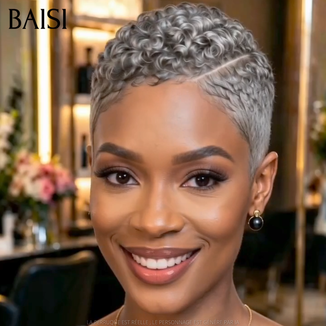 BAISI 5x5 Lace Perruque Pixie Curly Courte Sans Colle  Couleur Gris 105€ Modèle Spéciale et Facile A Porter en 100% Cheveux humains
