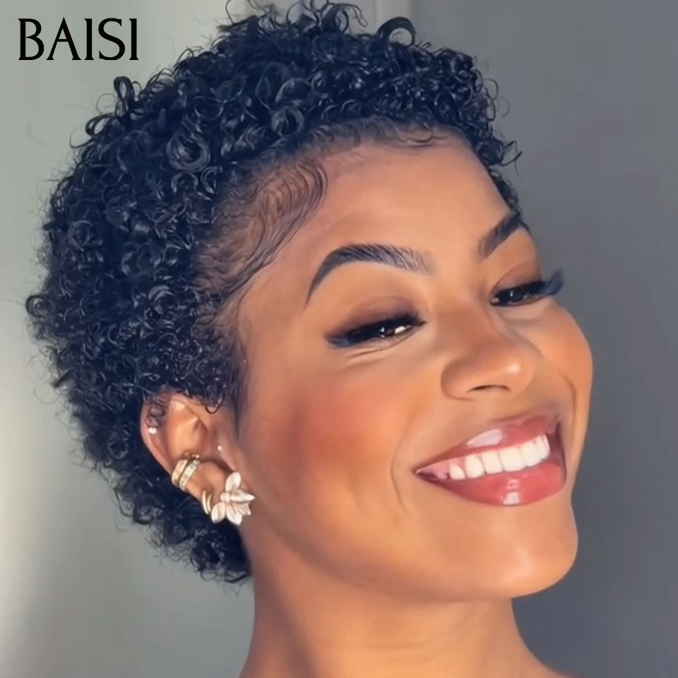 BAISI Pixie Petite Coupe Curly en Lace 13x4 Frontal 75€ Seulement Prix Imbattable Modèle Unique  En 100% Cheveux Humains