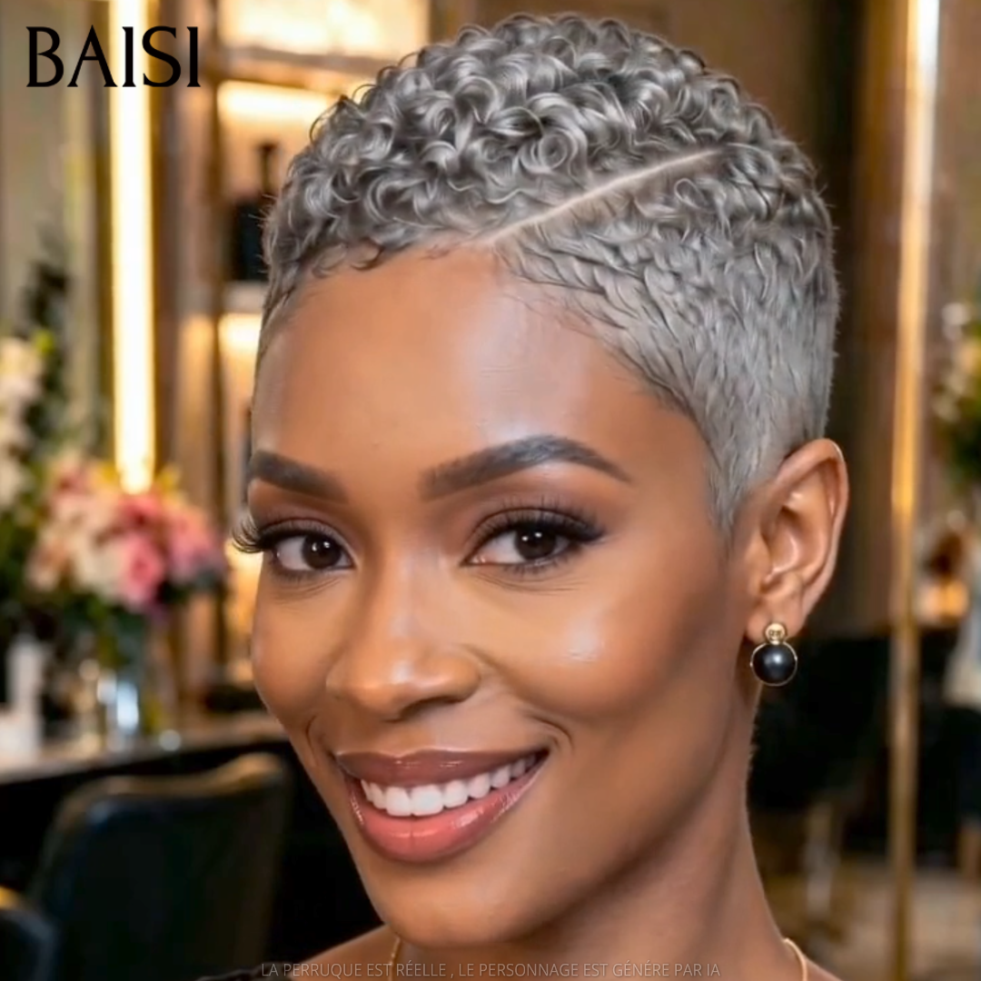 BAISI 5x5 Lace Perruque Pixie Curly Courte Sans Colle  Couleur Gris 105€ Modèle Spéciale et Facile A Porter en 100% Cheveux humains