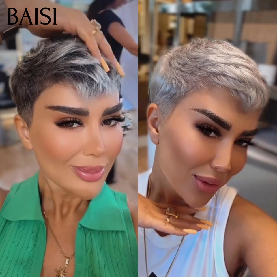 BAISI 13x4 Lace Perruque Pixie Courte Lisse 1BGris 99€ Ou Gris 98€ Style Contemporaine Rajeûnissante en 100% Cheveux humains