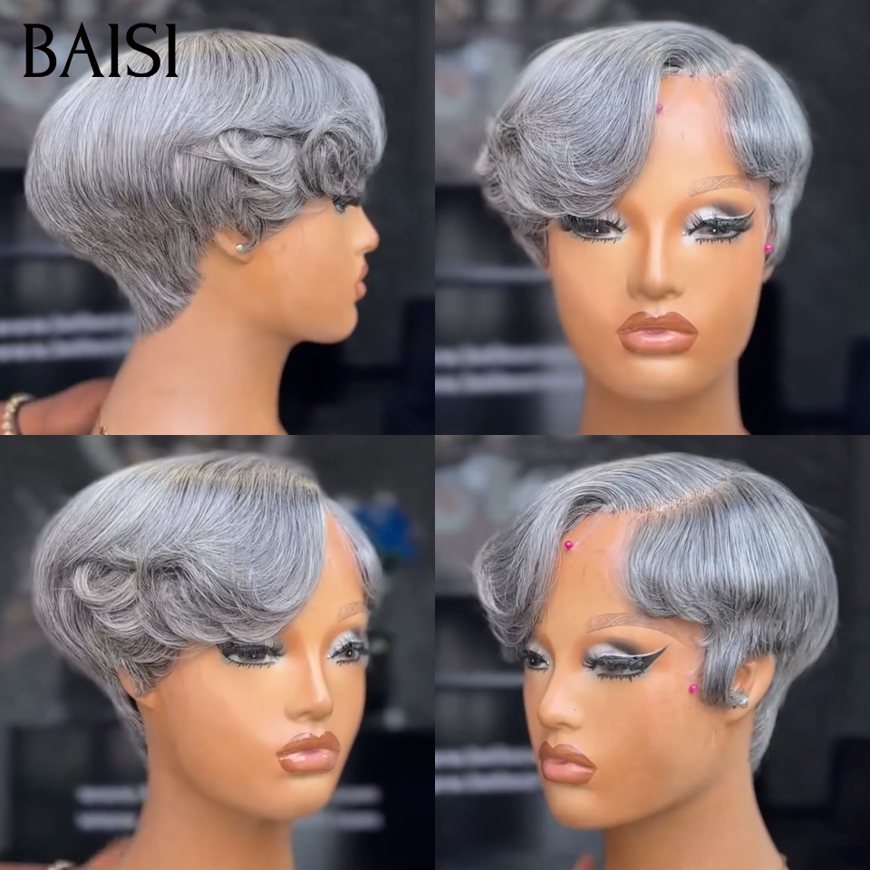 BAISI 13X4 lace Perruque Pixie Lisse Bout Ondulée 69€ Seulement Couleurs personnalisées gris Avec Raie de Côté Comme la video Nouveau Modèle en 100% Cheveux Humains 