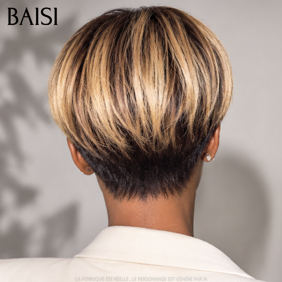 BAISI  Perruque Pixie Lisse petite coupe fabriqué à la machine moitié prix 65€ en couleur 1B#4#/27# En 100% Cheveux Humains MP50