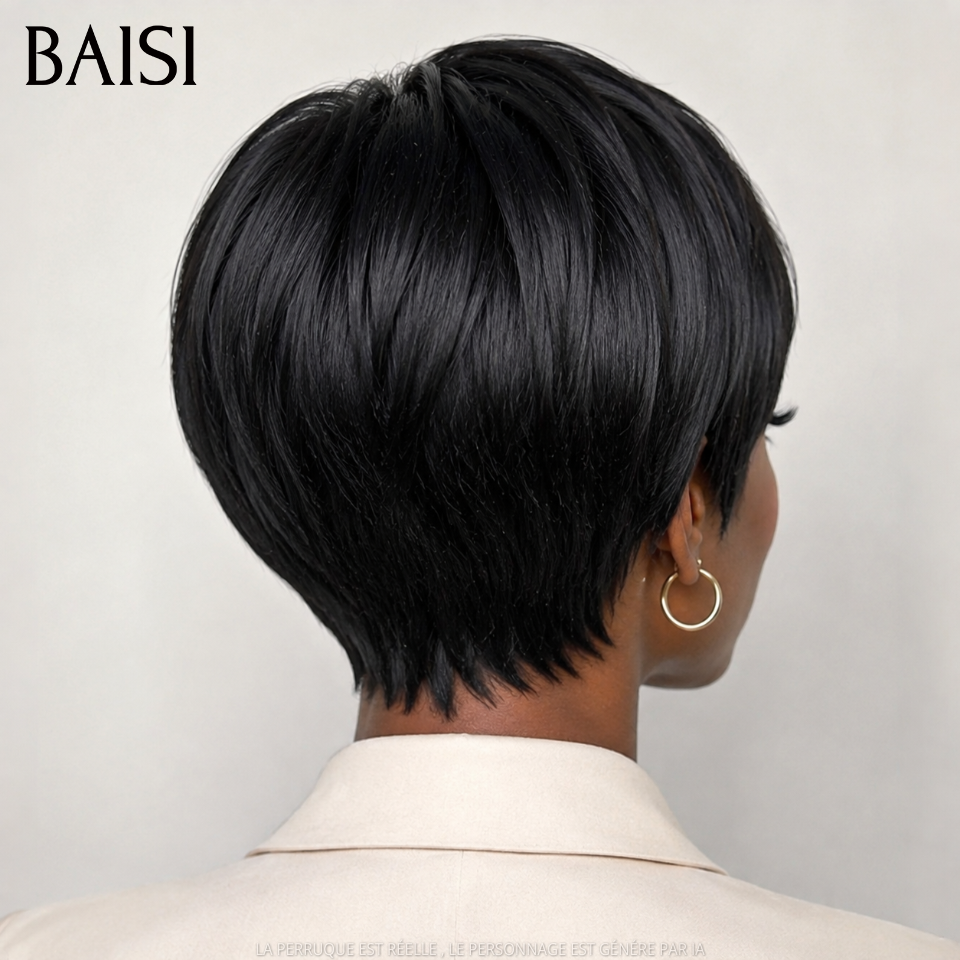 BAISI Perruque Pixie Petite Coupe Lisse Noir 1B# 49€ Sans Colle Sans Lace 100% Identique Meilleure Vente en 100% Cheveux humains