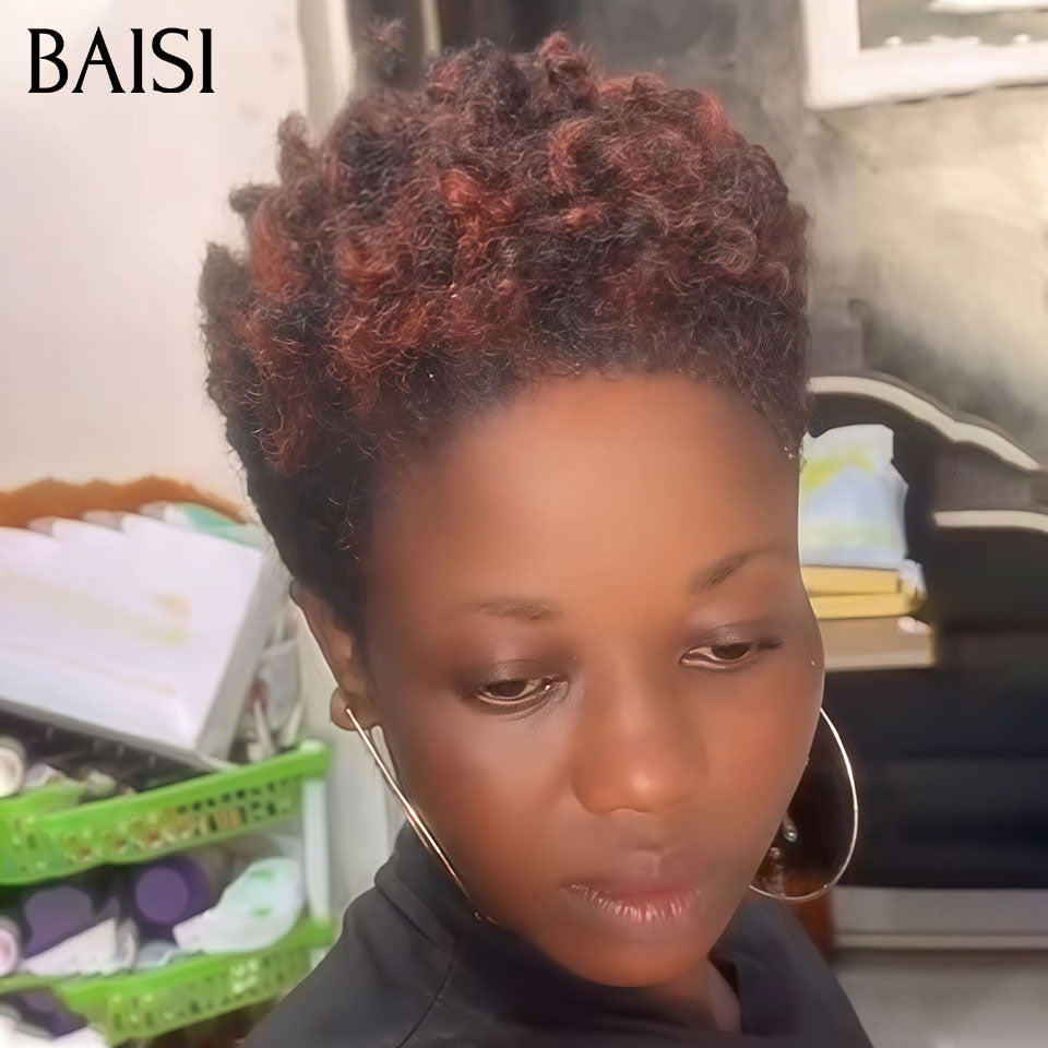 BAISI PIXIE Afro Curly Noir Marron 33# Sans Colle Sans Lace Facile A Porter 60€ Seulement  en 100% Cheveux Humains