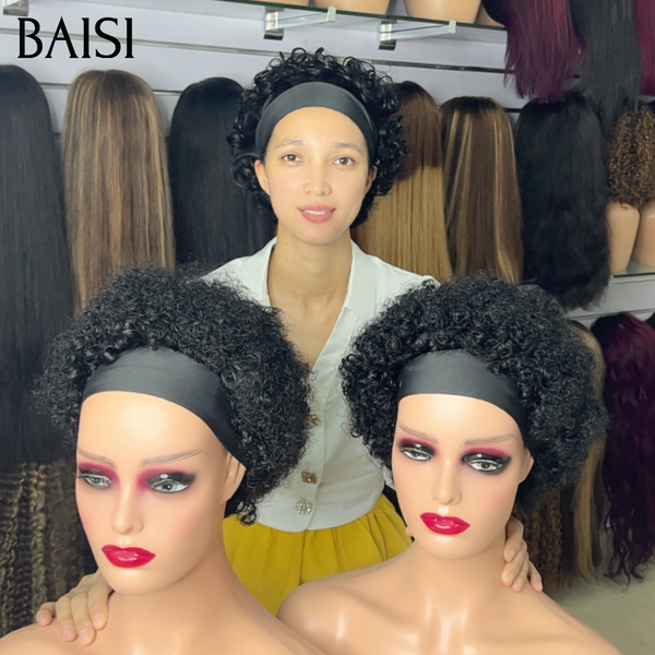 BAISI Perruque Pixie Bandeau Curly ou Afro Noir 6Pouces Prix Mini 49€ Sans Colle Sans Lace Facile à Porter et Contre la Chaleur en 100% Cheveux Humains