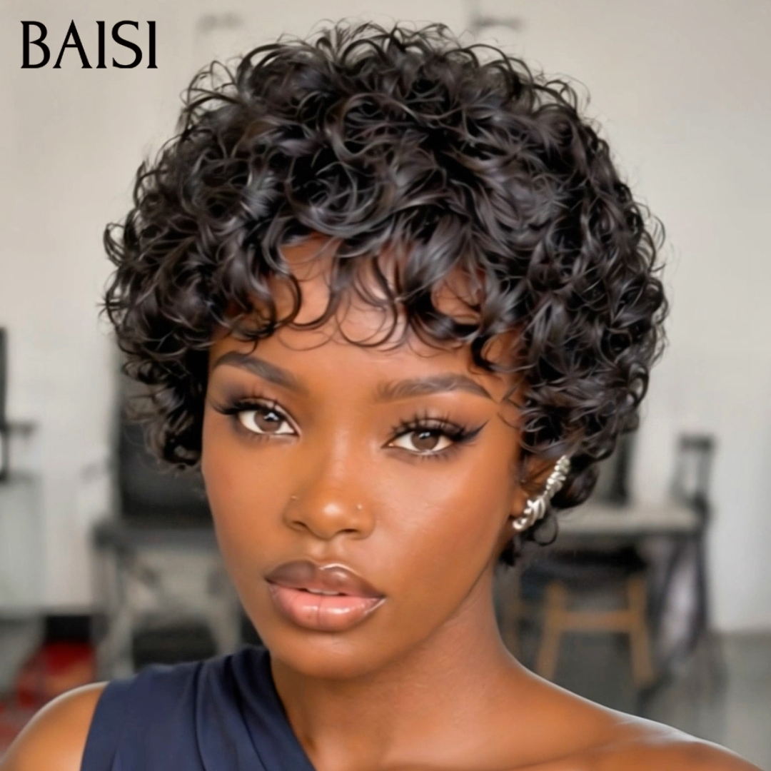 BAISI Perruque Pixie Bouclée Lâche Noir 1B# 4 Pouces 78€ Sans Colle Sans Lace Mèches de Qualité en 100% Cheveux humains