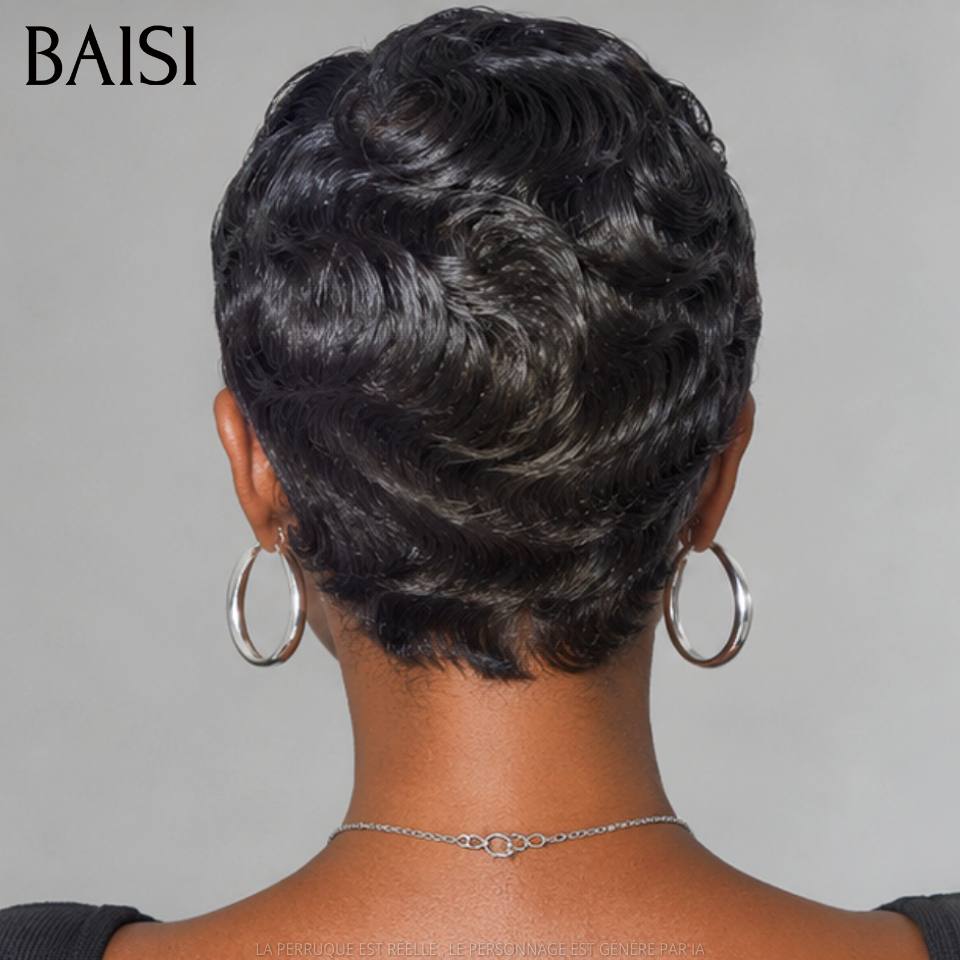 BAISI Perruque sans Colle sans lace pixie water wave NOIR 100% Cheveux Humains FR38