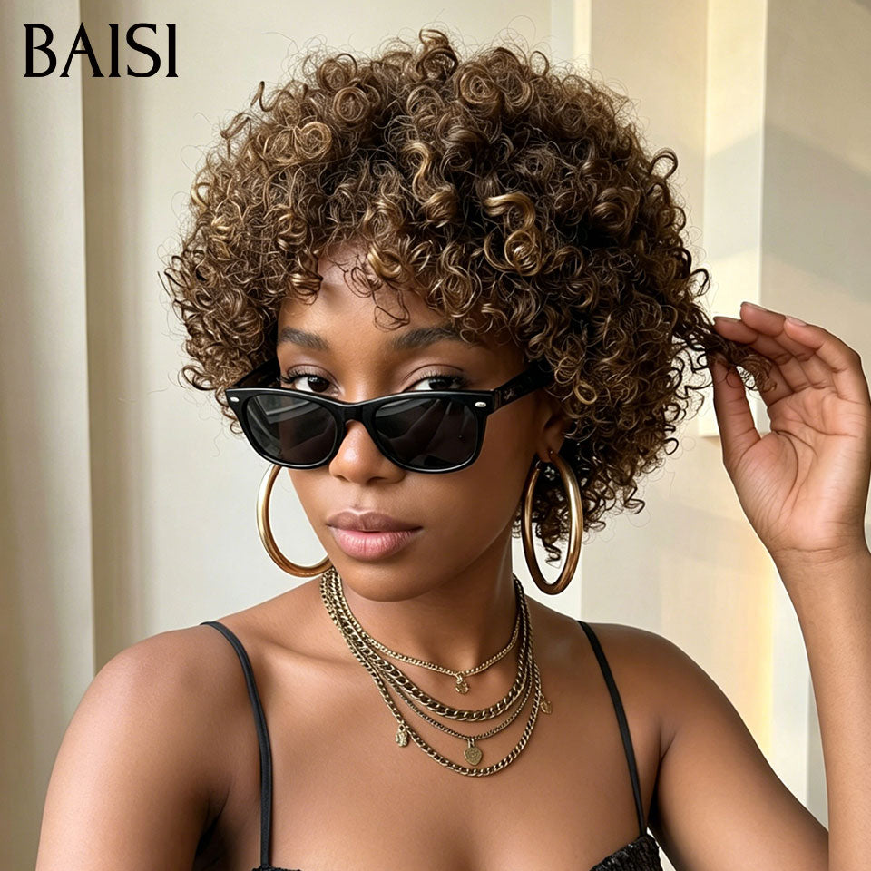 BAISI Perruque Pixie Curly Wave Couleur Marron Mixte 4/30# Sans Lace Sans Colle Facile à Porter Toute en Beauté  en 100% Cheveux humains
