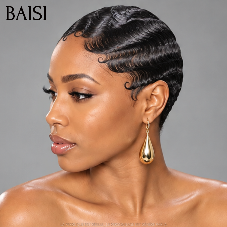 BAISI Full Lace Perruque Pixie Wave Déjà Coiffée Couleur Noir 1B# 139€ 100% Identique Spécialement Légère en 100% Cheveux humains