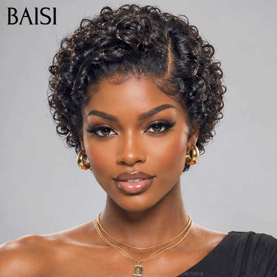 BAISI 13x4 Lace Perruque Pixie Curly Wave Courte Couleur Noir 1B# Magnifique Petite Boucle en 100% Cheveux Humains