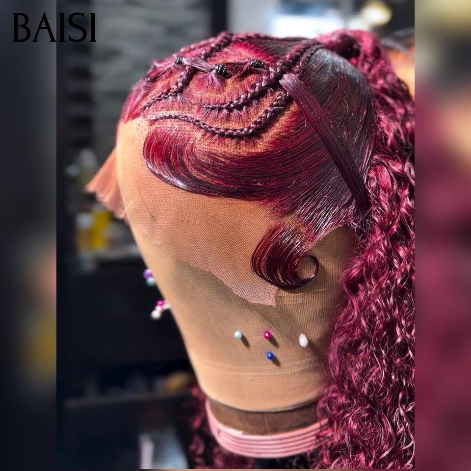 BAISI 13x4 Lace Perruque Coiffée Bouclée Curly En Nattes Rampantes Couleur Noir 1B# ou Rouge Bordeaux 99J# Deja Prête A Porter en 100% Cheveux humains