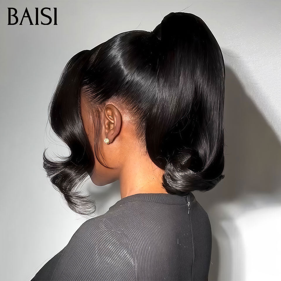 BAISI 360 Lace Perruque avec Queue de cheval Ondulée Noir 16 Pouces 179€ Seulement Coiffure Changeable à Volonté en 100% vrais cheveux humains