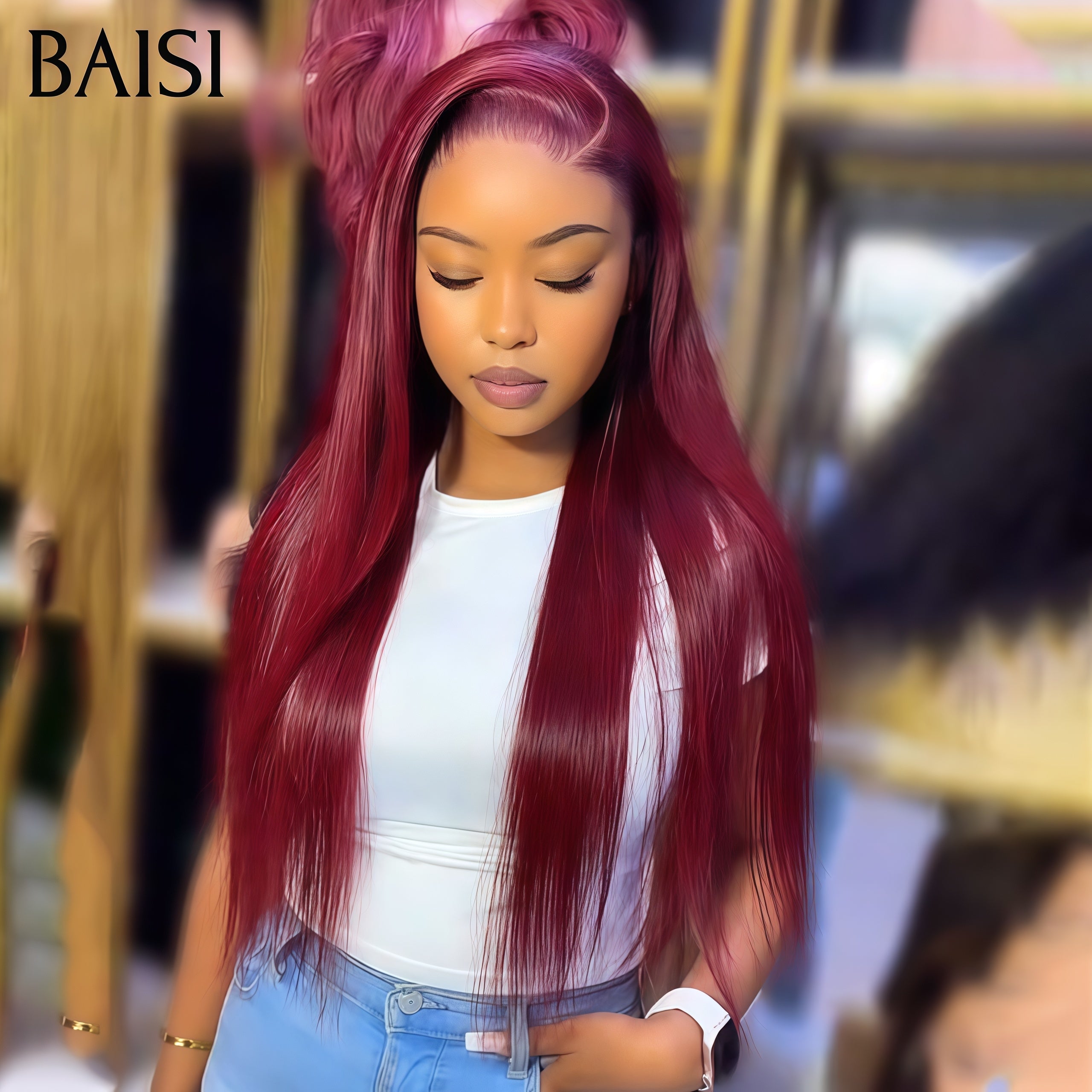 BAISI 13x4 Lace Frontal Perruque Rouge Bordeaux 99J# Lisse C-Part Lisse en 100% Cheveux Humains