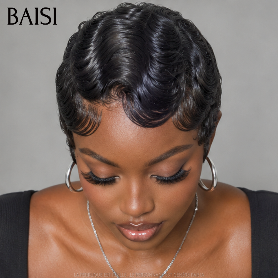 BAISI Perruque sans Colle sans lace pixie water wave NOIR 100% Cheveux Humains FR38