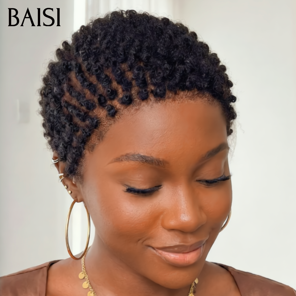 BAISI Perruque full lace courte Noir 1B# Sans Colle Sans Lace Très légère et respirante en 100% Cheveux humains