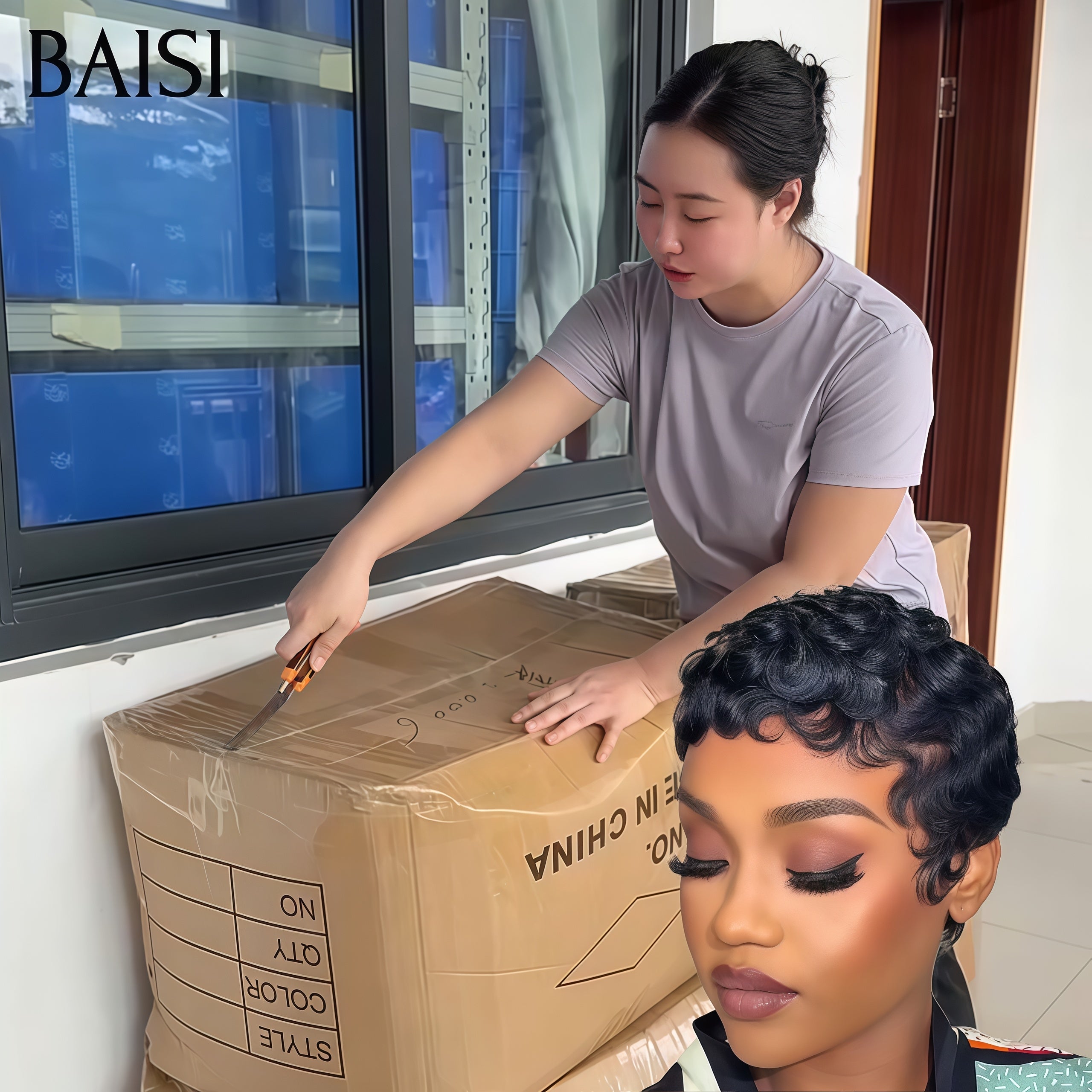 BAISI Perruque Pixie Courte Ondulée Wave Couleur Noir 1B# 50€ Seulement Sans Colle Sans Lace Pour Débutantes en 100% Cheveux humains