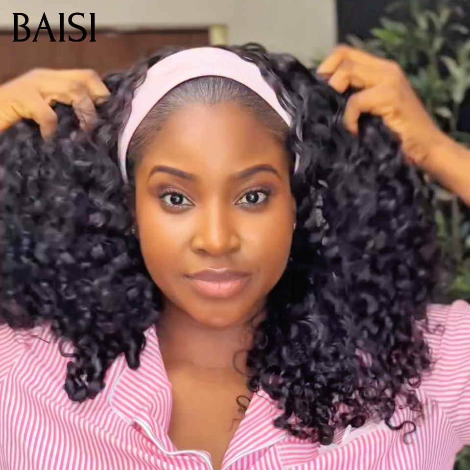 BAISI Perruque Bandeau Curly Wave 16Pouces Sans Colle Sans Lace Facile à Porter En 100% Cheveux Humains