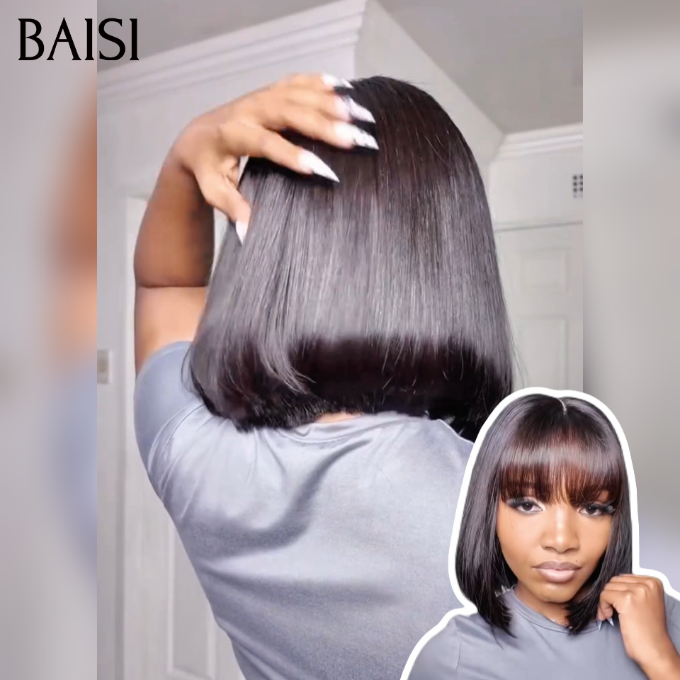 BAISI 2X6 Lace Perruque BOB Lisse  10 Pouces Noir avec Frange 119€ ou sans Frange 114€ Deja en France En 100% Cheveux Humains Reçu 48H TVA 0€