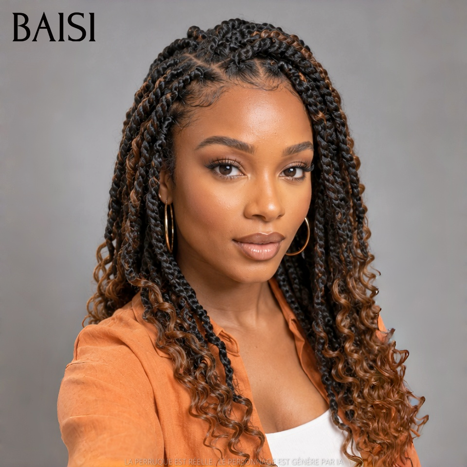 BAISI 13x4 lace frontal Perruque Coiffée avec natte curly  148€ Couleur Noir Mixte Marron 1B/4# Déjà Prête A Porter en 100% Cheveux Humains