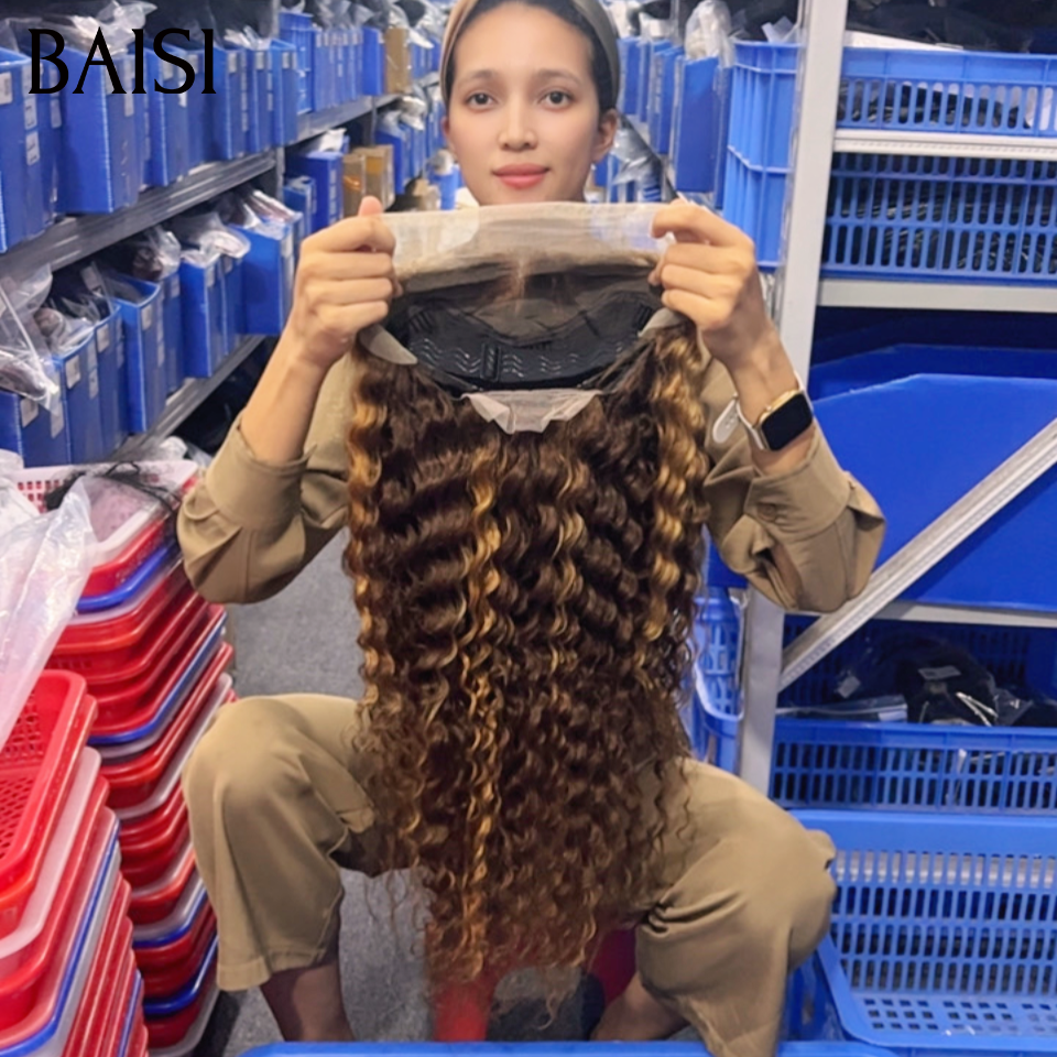 BAISI 13x4 Lace Perruque Curly Wave Bouclée Couleur Marron Mixte Miel 4/27# Jamais Démodée Look Irresistible en 100% Cheveux Humains