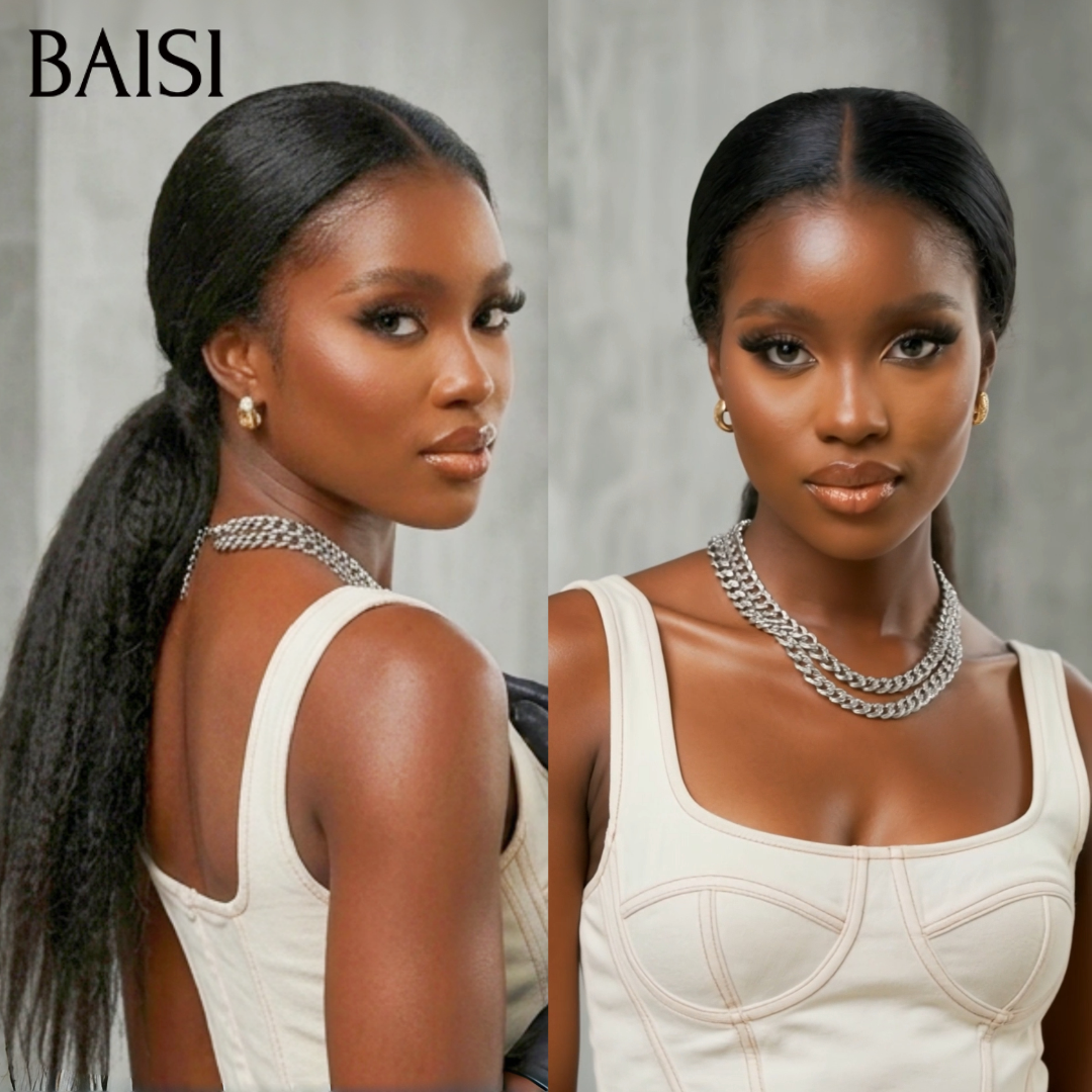 BAISI 13x4 Lace Perruque Kinky Straight Déjà Coiffée Couleur Noir 20Pouces 149€ Prête A Porter Très bonne qualité en 100% Cheveux humains