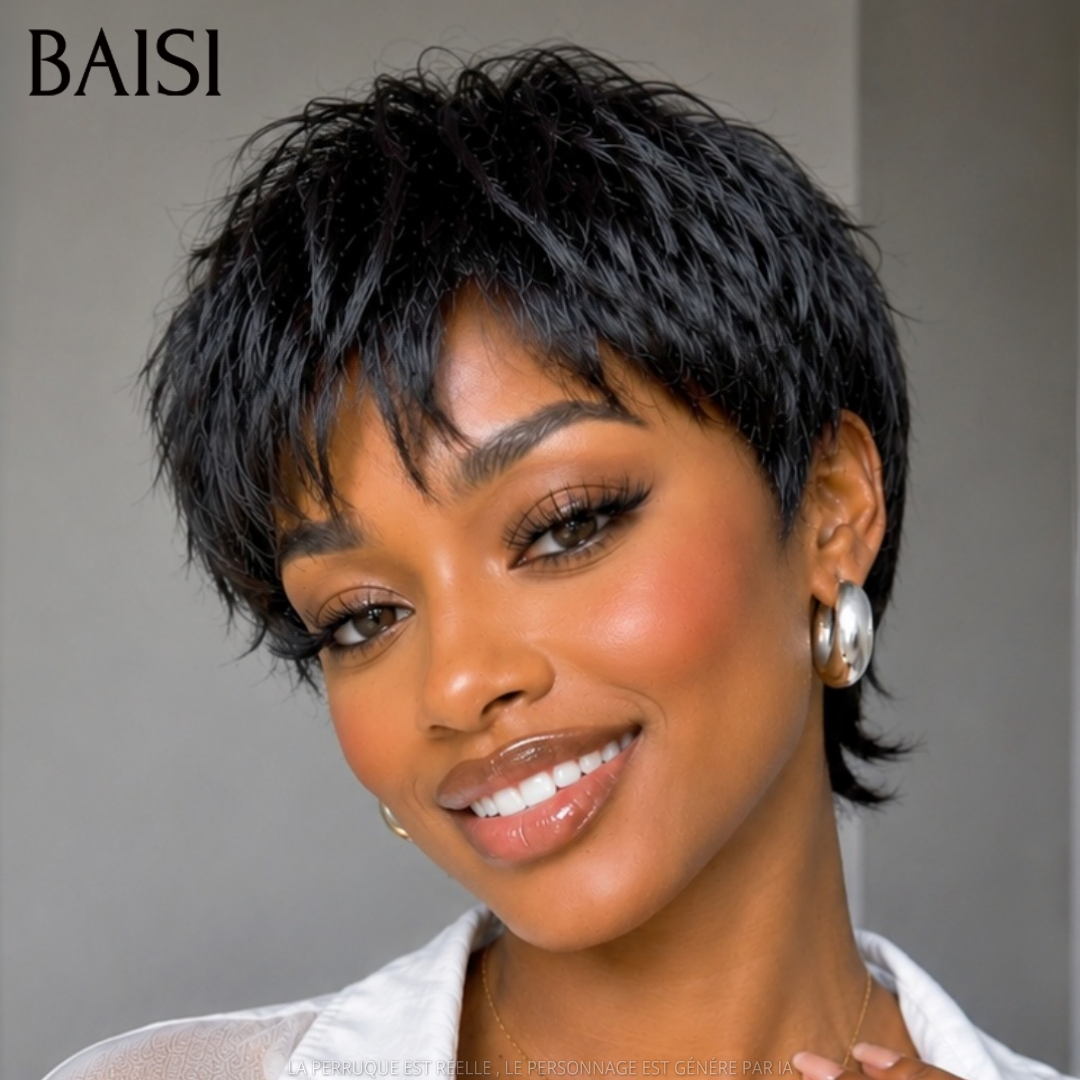 BAISI Lot 2 perruques Pixie Courte Lisse noir 1B# + Curly Marron Clair 1B/33# Petit Prix Fou 66€ Seulement Sans colle Sans Lace en 100% Cheveux Humains