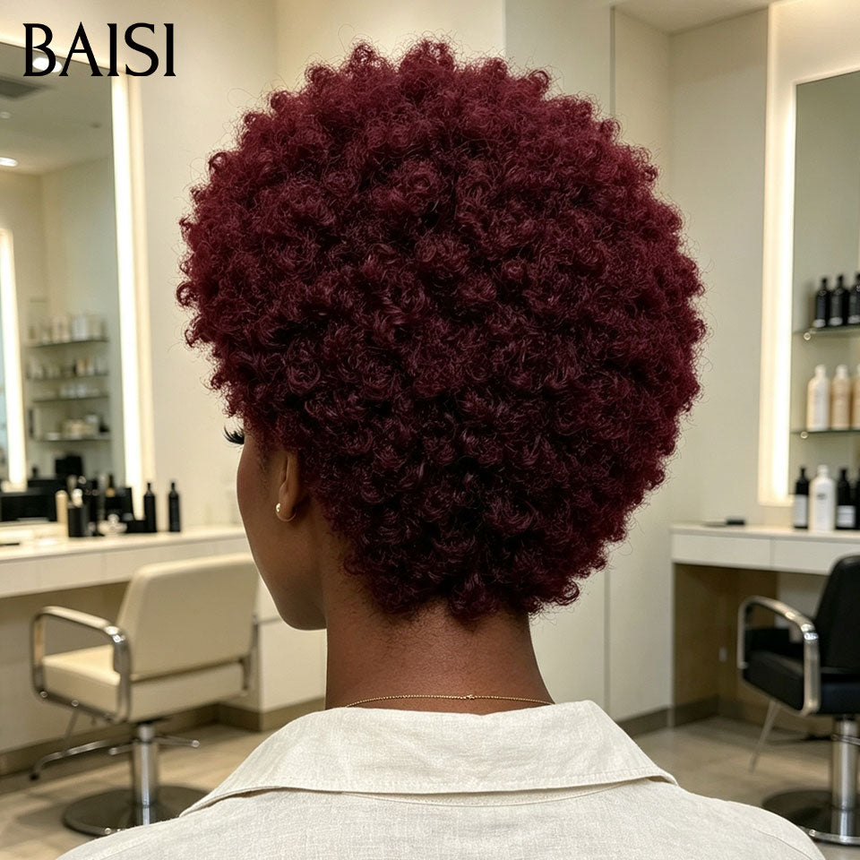 BAISI Perruque Pixie Afro Curly Couleur Rouge Bordeaux 99J# Sans Lace Sans Colle Facile à Porter Et Sublime en 100% Cheveux humains