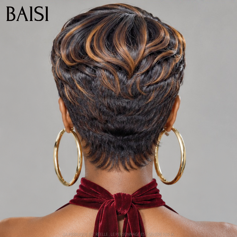 BAISI 13x4 Lace Perruque Pixie Courte Ondulée  79€ Couleur Noir et Marron 1B/33# Coiffure Tendance Avancer en Beauté en 100% Cheveux Humains