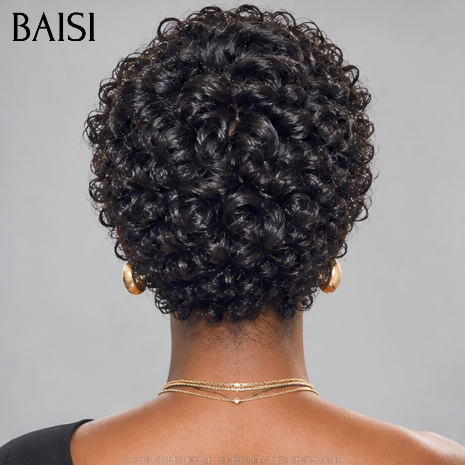 BAISI 13x4 Lace Perruque Pixie Curly Wave Courte Couleur Noir 1B# Magnifique Petite Boucle en 100% Cheveux Humains