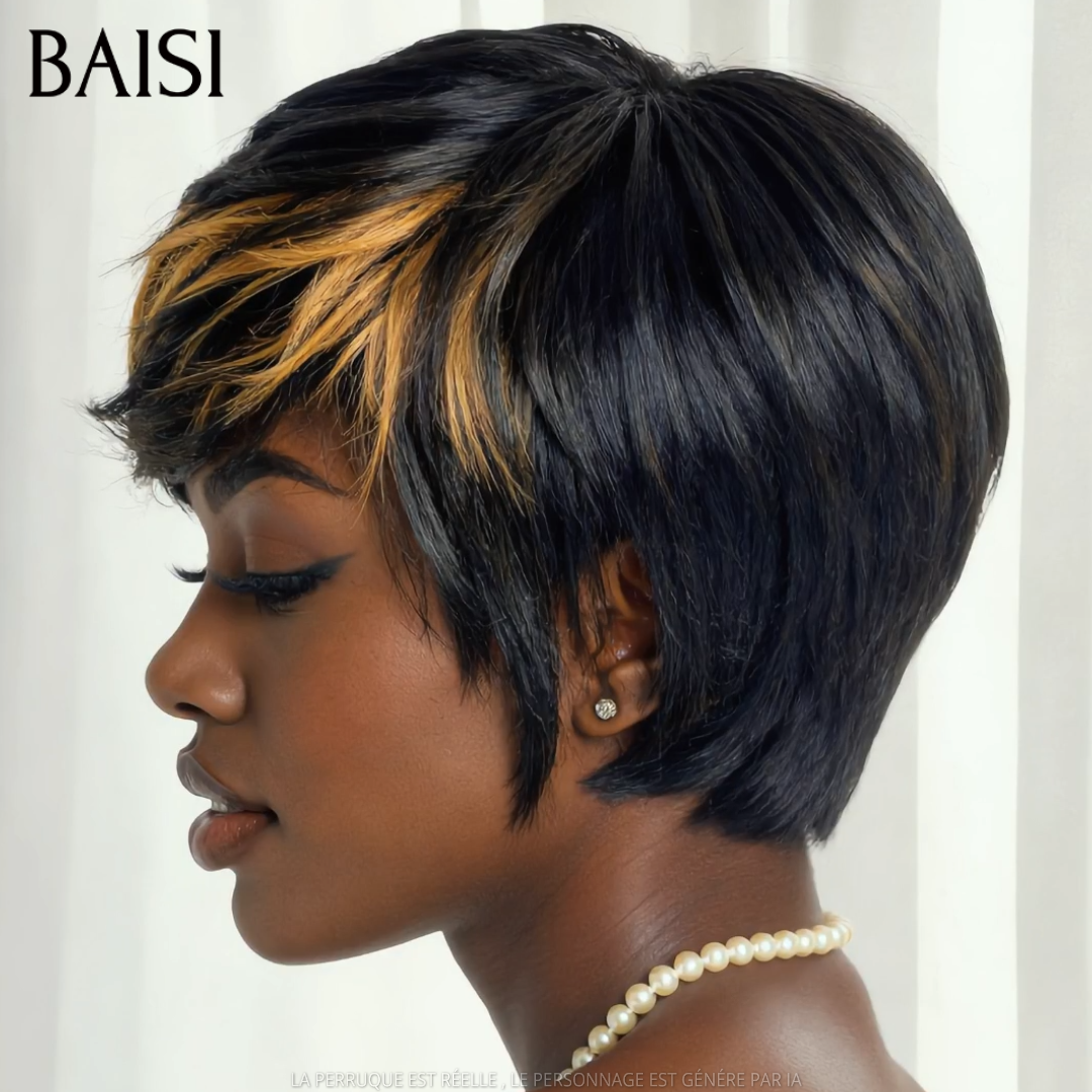 BAISI Perruque Pixie Lisse Noir Marron Clair 1B/33# 59€ Sans Colle Sans Lace Facile A Porter 100% Cheveux humains
