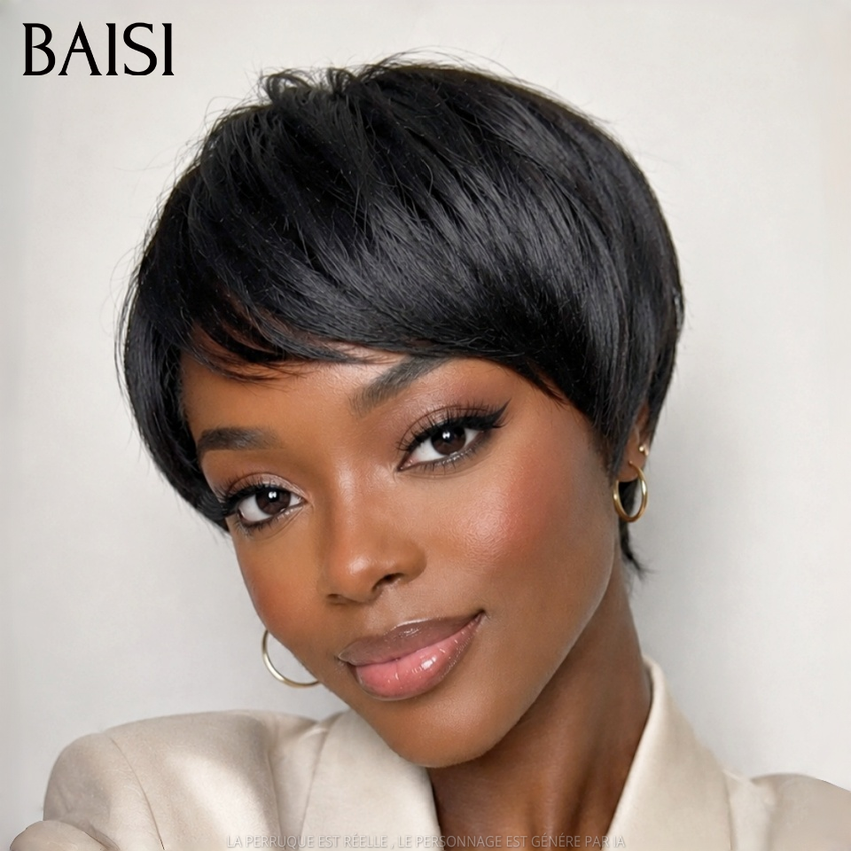 BAISI Perruque Pixie Petite Coupe Lisse Noir 1B# 49€ Sans Colle Sans Lace 100% Identique Meilleure Vente en 100% Cheveux humains
