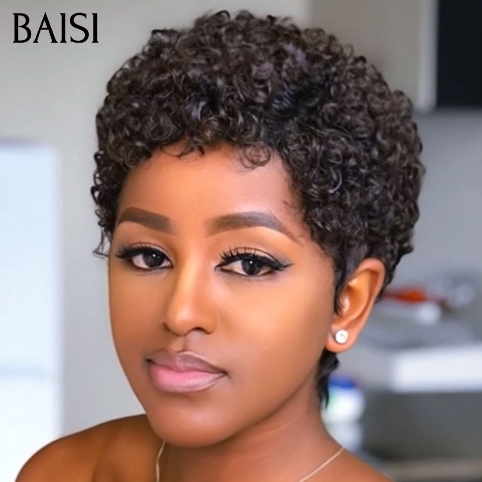 BAISI Perruque pixie afro curly wave OFFRE FLASH Sans Lace Sans Colle 45€ NOIR Petite boucle craquante  en 100% Cheveux Humaind