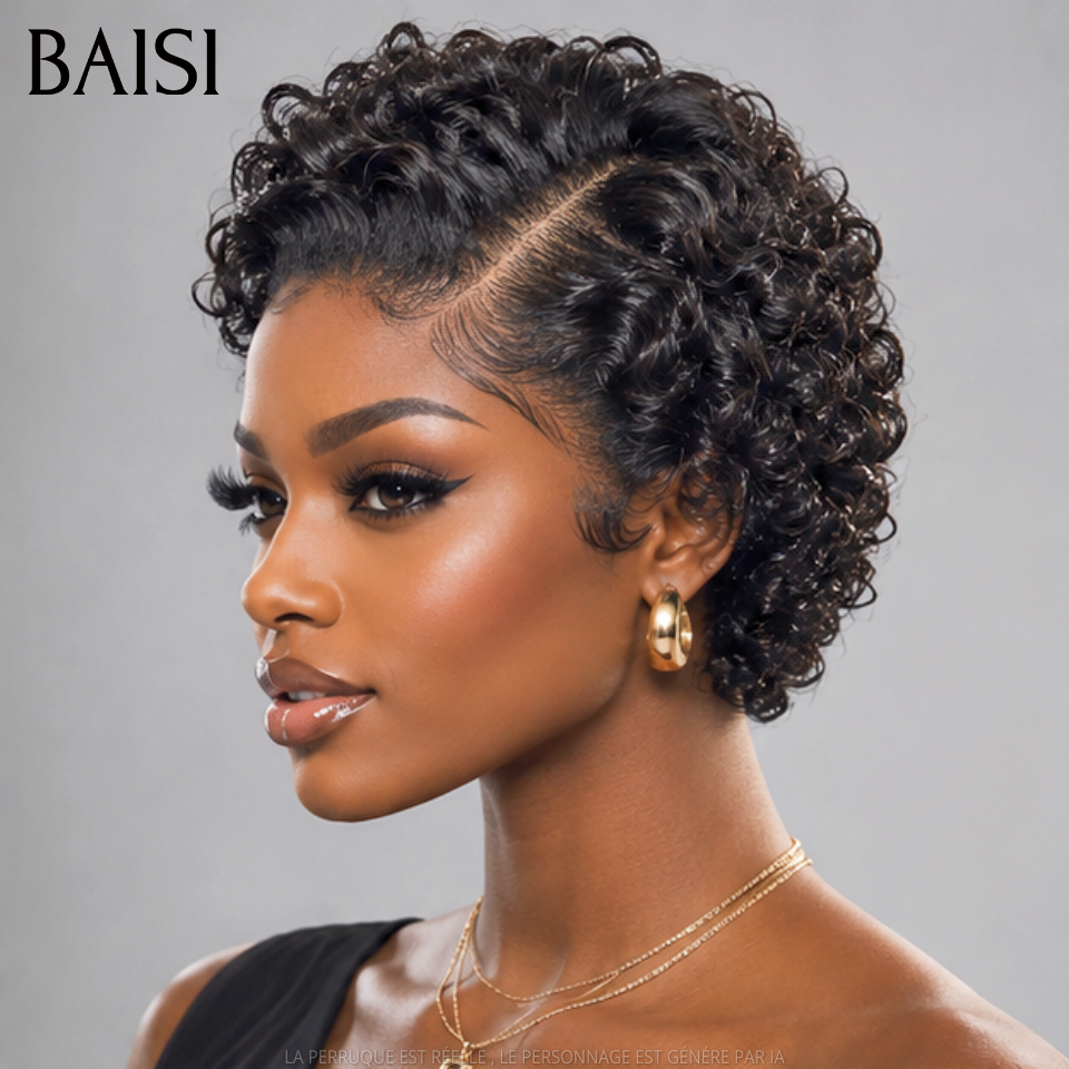 BAISI 13x4 Lace Perruque Pixie Curly Wave Courte Couleur Noir 1B# Magnifique Petite Boucle en 100% Cheveux Humains