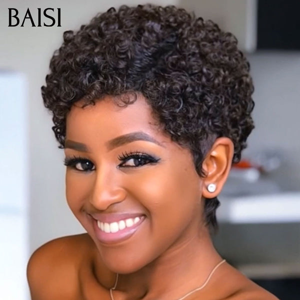 BAISI Perruque pixie afro curly wave OFFRE FLASH Sans Lace Sans Colle 45€ NOIR Petite boucle craquante  en 100% Cheveux Humaind