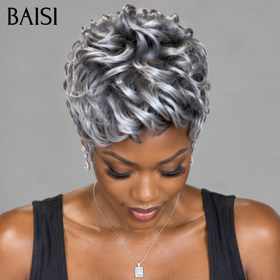 BAISI Perruque Pixie Courte Wave Gris 79€ Collection Poivre et Sel Couleur Authentique Trop Classe Cheveux Original en 100% Cheveux humains