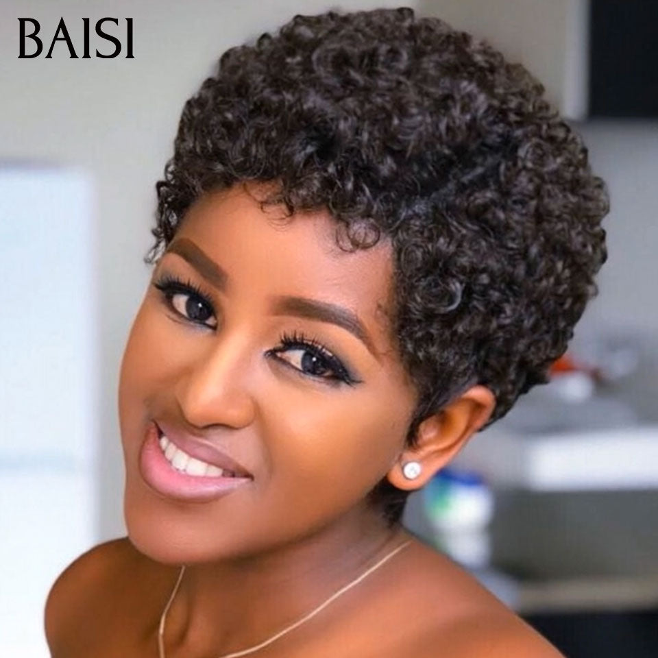 BAISI Perruque pixie afro curly wave OFFRE FLASH Sans Lace Sans Colle 45€ NOIR Petite boucle craquante  en 100% Cheveux Humaind