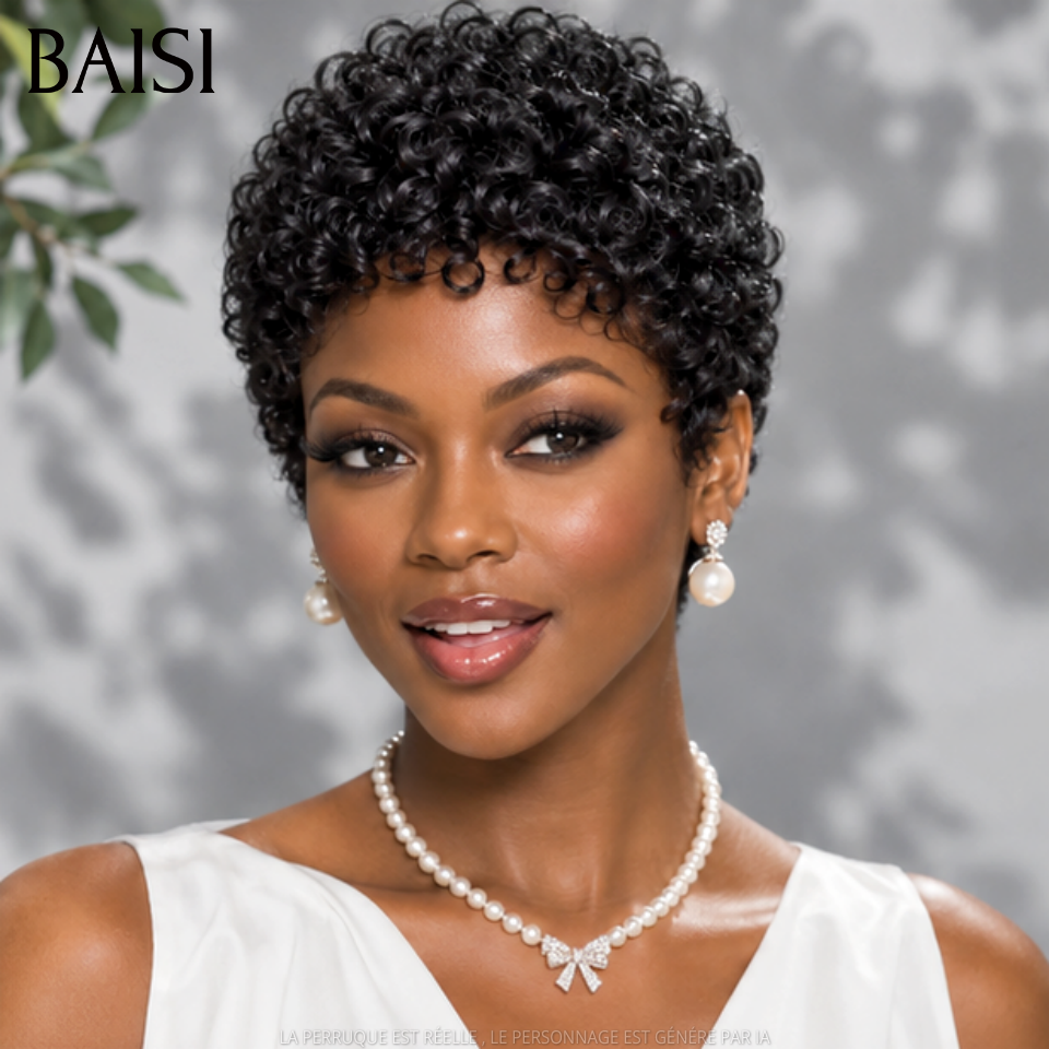 BAISI Perruque Pixie Petite Coupe Curly Toutes les Couleurs Sans colle Sans Lace Parfaitement Adaptée Très Bonne qualité en 100% Cheveux humains