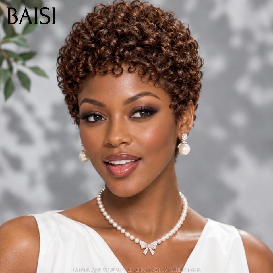 BAISI Perruque Pixie Petite Coupe Curly Toutes les Couleurs Sans colle Sans Lace Parfaitement Adaptée Très Bonne qualité en 100% Cheveux humains