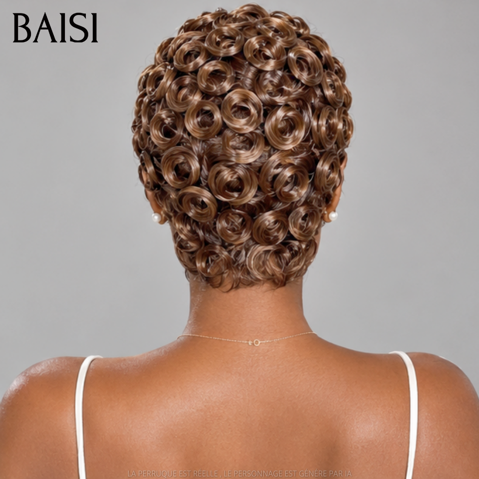 BAISI 13x4 Lace Perruque  Pixie Curly Wave 79€ Couleur Marron #4 Nouveautés 2026 en 100% Cheveux humains