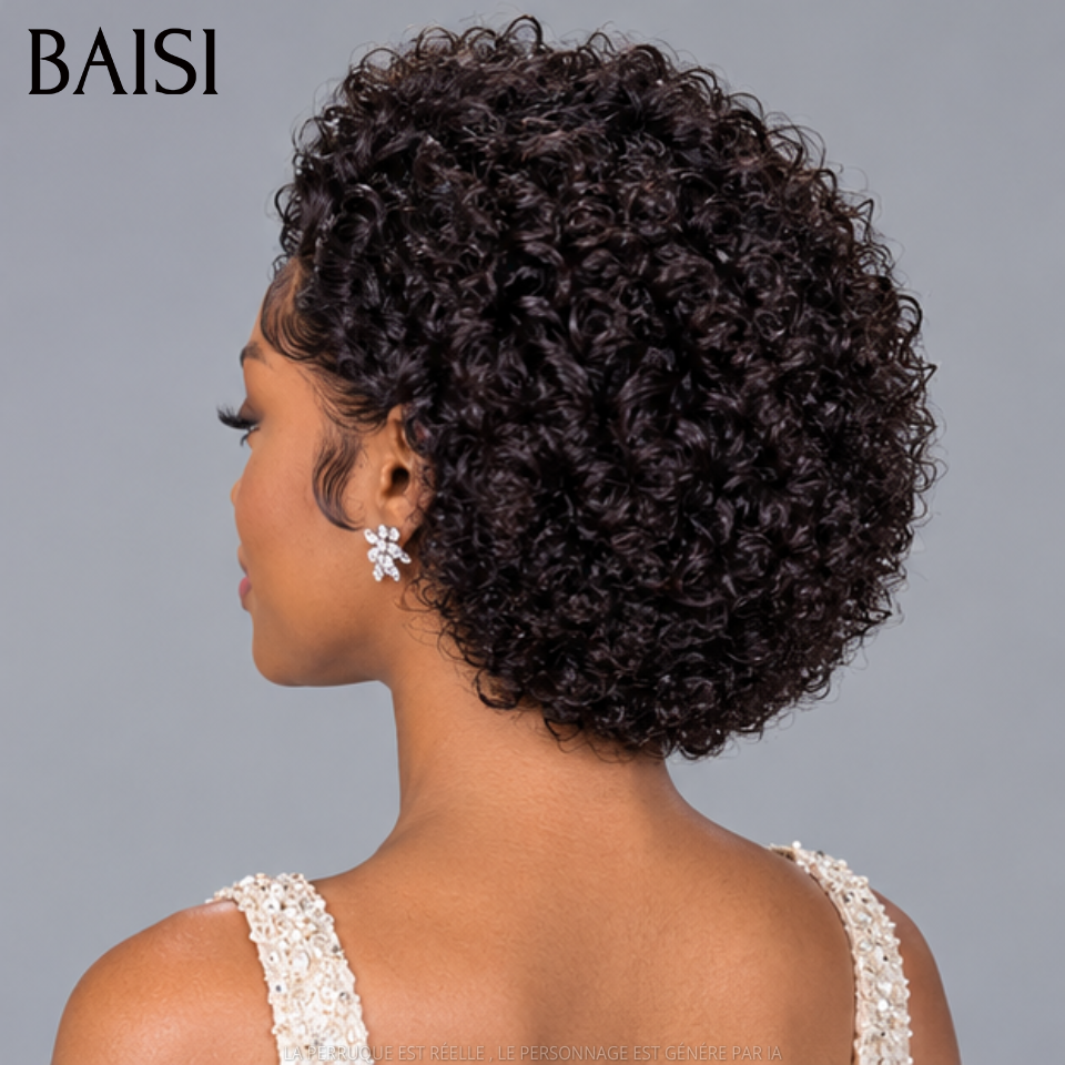 BAISI 13x4 Lace Perruque Pixie Curly 69€ Seulement Couleur Noir 1B# Avec Raie de Côté Qualité Enviante en 100% Cheveux humains